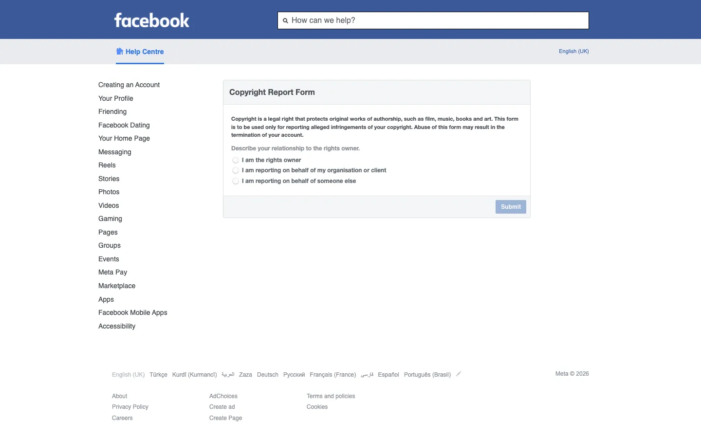 Facebook's Copyright Report Form in the Help Centre, showing the intro text and the Describe your relationship to the rights owner radio options