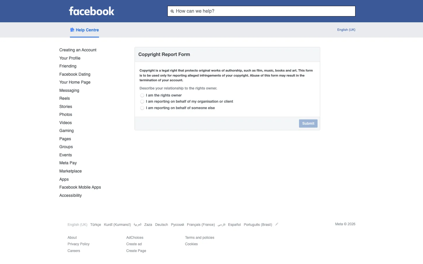 The Copyright Report Form with the I am the rights owner option selected and the Submit button highlighted