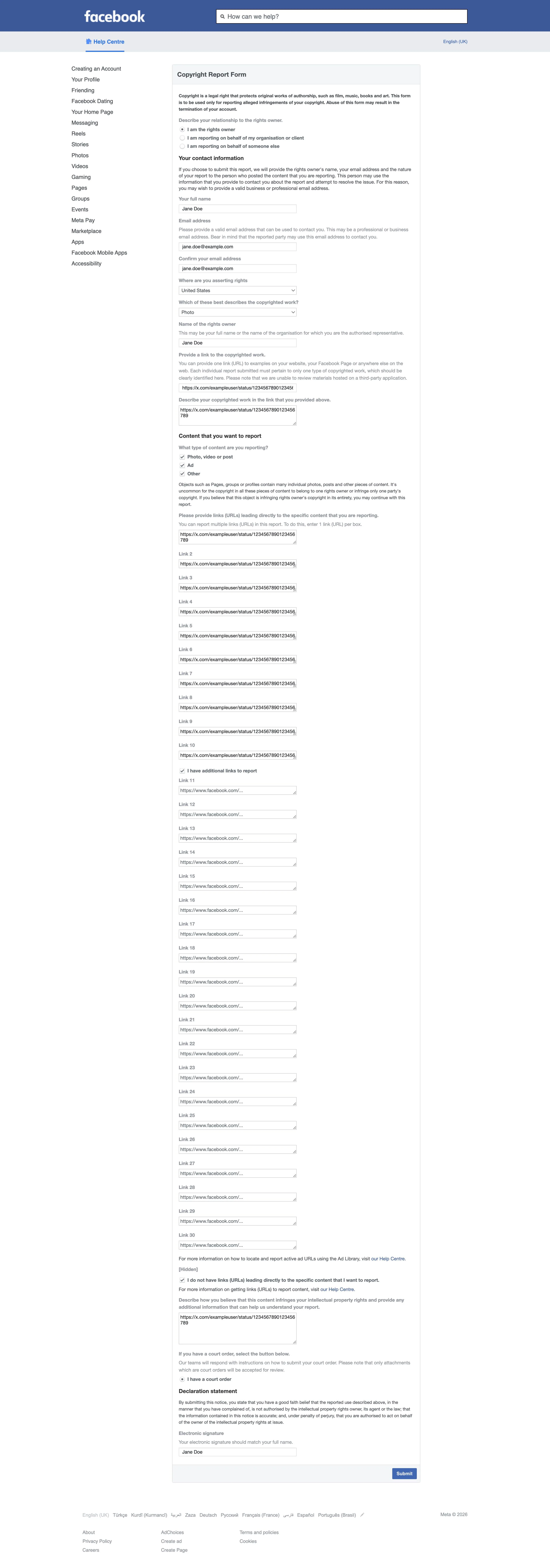 The full Facebook Copyright Report Form filled in, showing contact details, a link to the original work, the boxes for the links to the stolen posts, the declaration, and the electronic signature