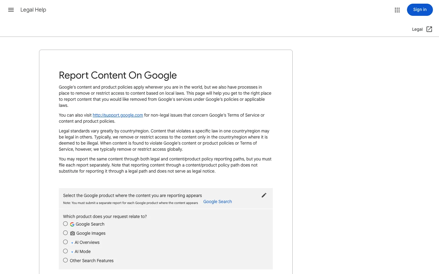 The troubleshooter asking Which product does your request relate to, with options for Google Search, Google Images, AI Overviews, AI Mode, and Other Search Features