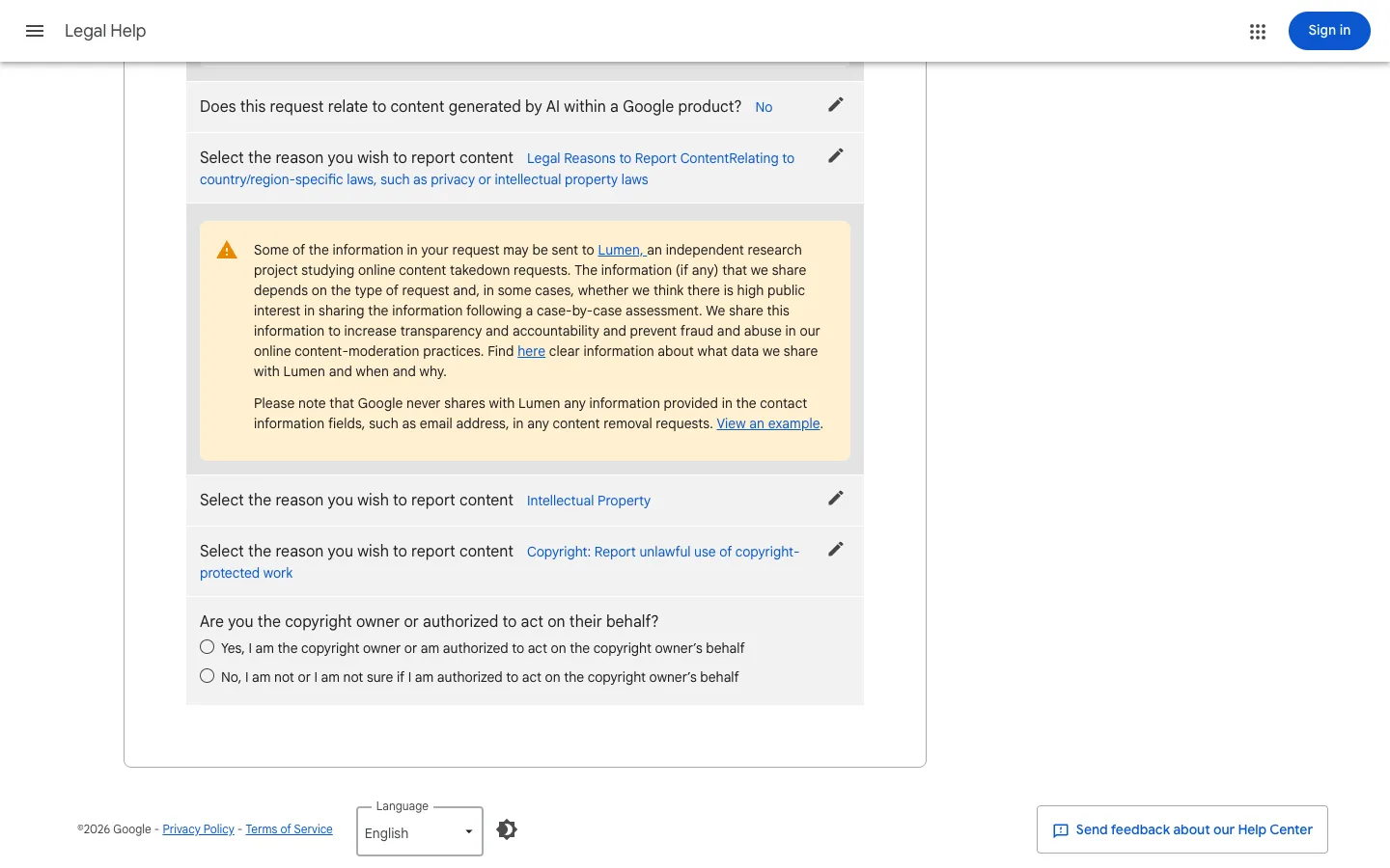 Google's yellow notice explaining that request information may be shared with the Lumen database, but never contact information fields