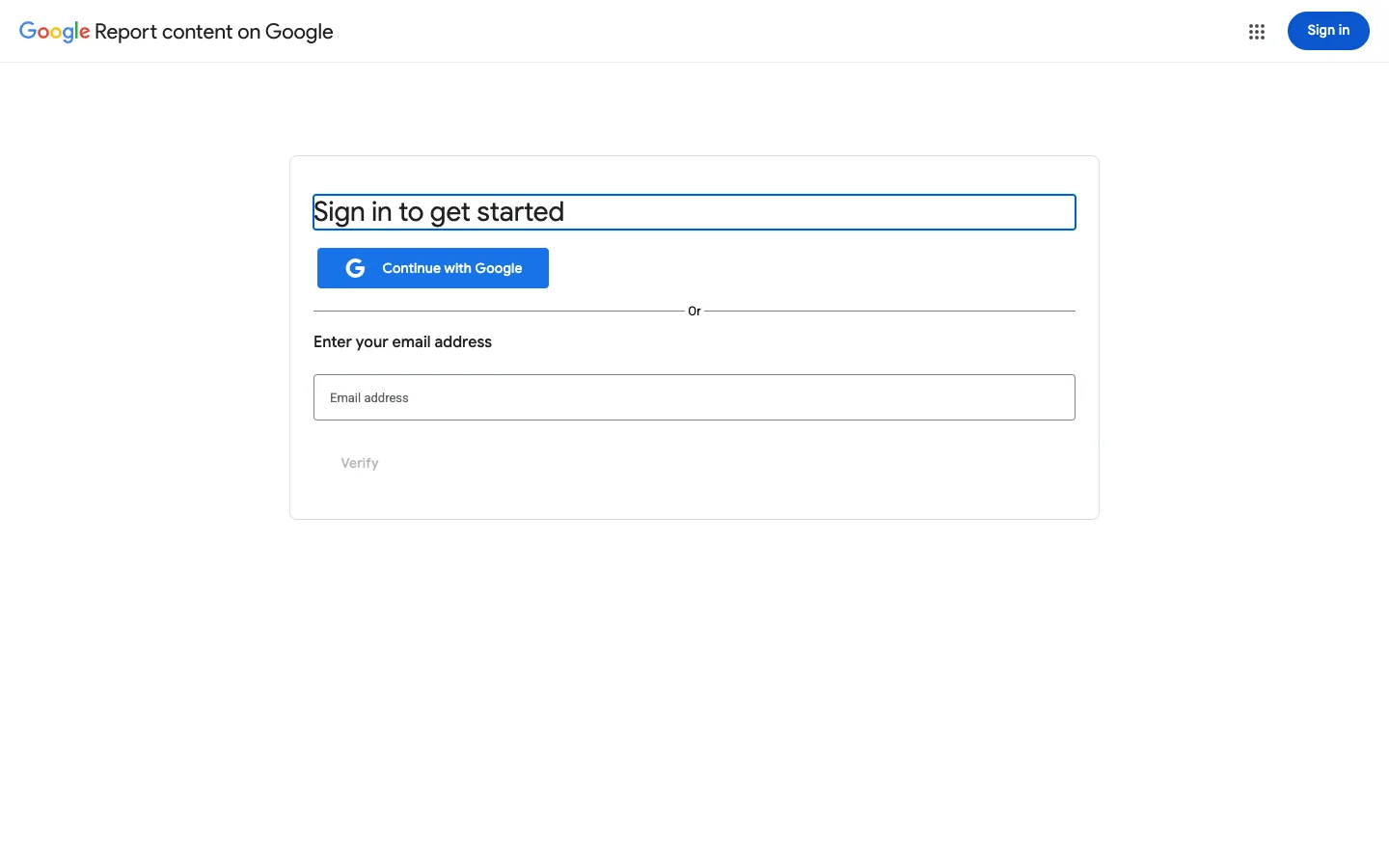 The Report content on Google DMCA form sign-in gate with a Continue with Google button and an email address verification option
