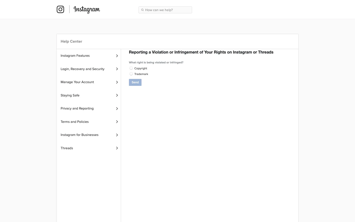 Instagram Help Center page titled Reporting a Violation or Infringement of Your Rights on Instagram or Threads, with Copyright and Trademark radio buttons