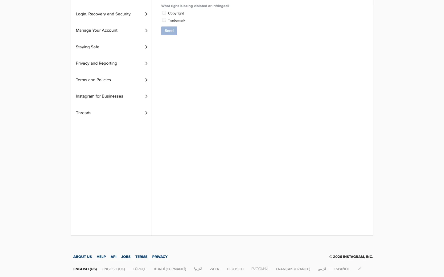 The reporting hub with the Copyright radio option selected and the Send button below