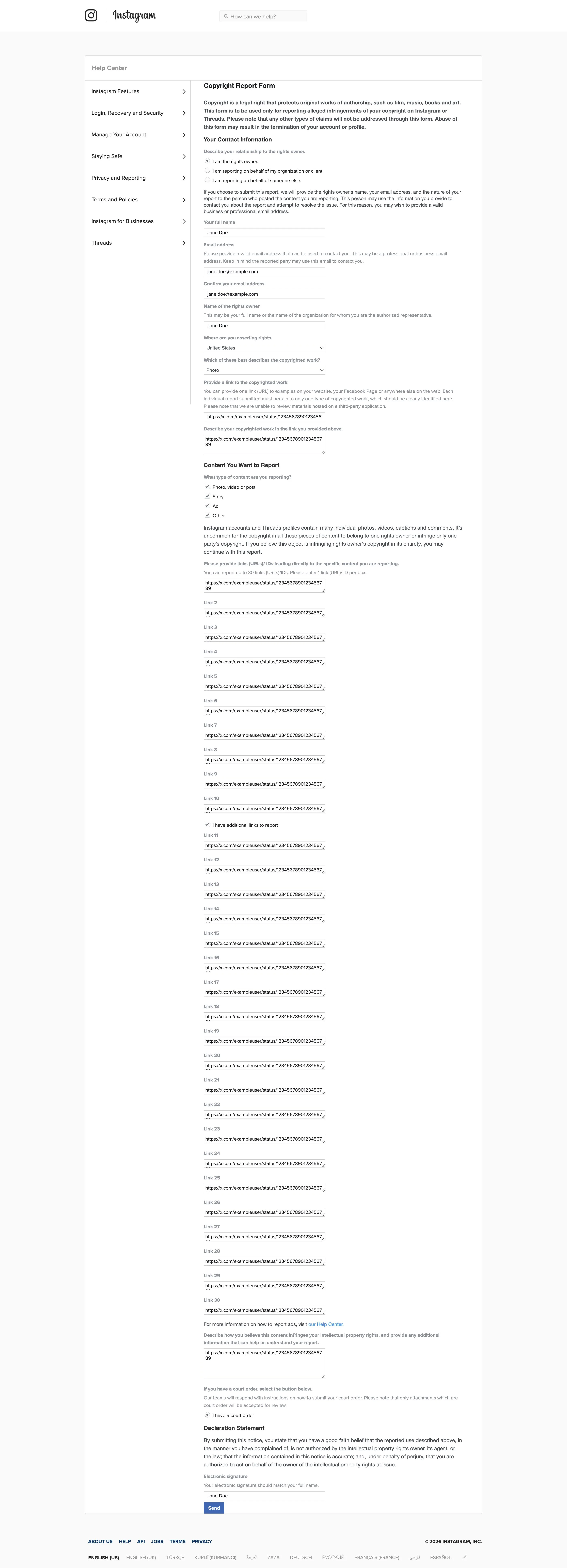The full Instagram copyright report form filled in, showing contact details, the copyrighted-work section, the link boxes for the stolen posts, the declaration, and the signature