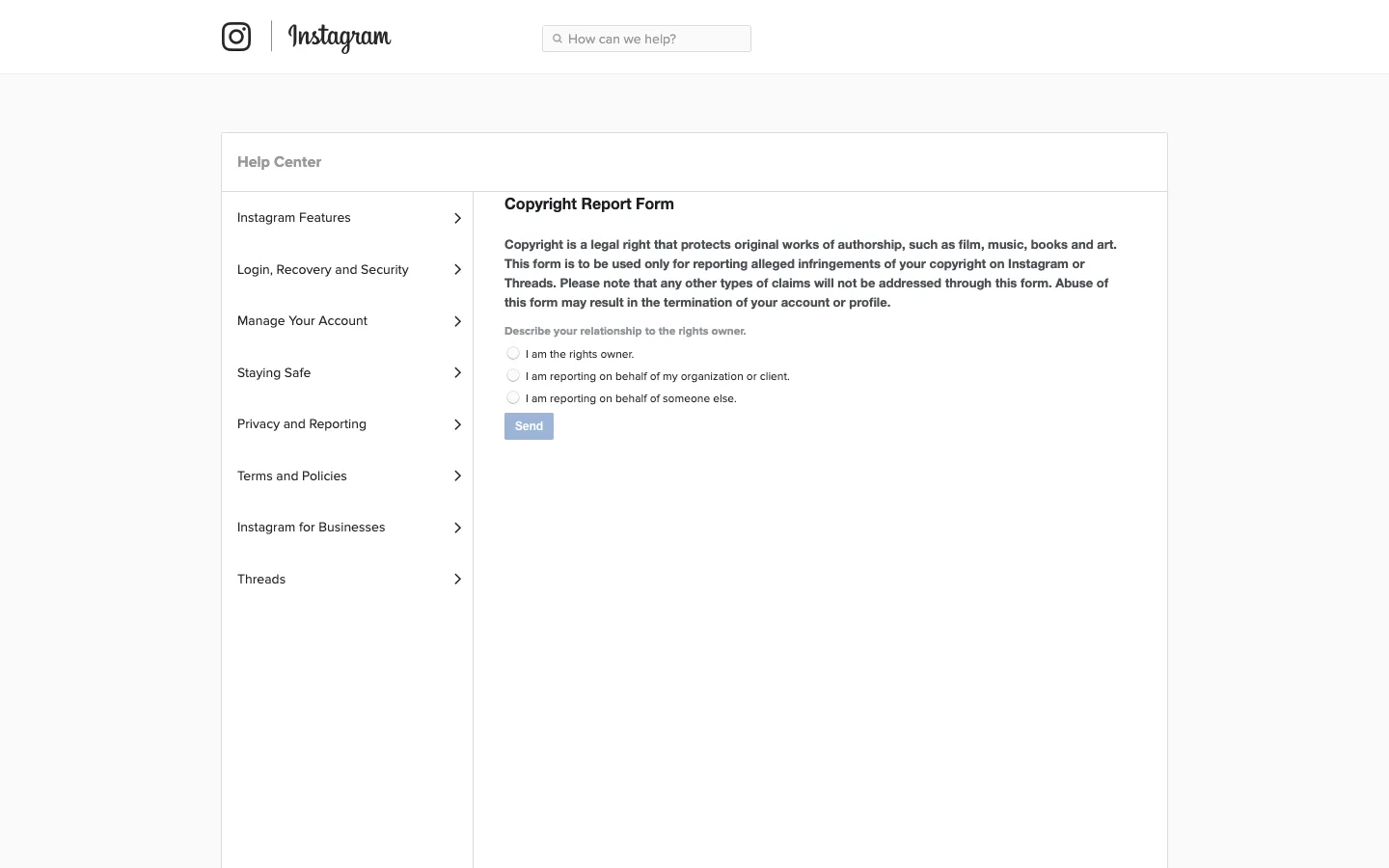 Instagram's Copyright Report Form with intro text explaining it covers Instagram and Threads and the relationship-to-rights-owner question