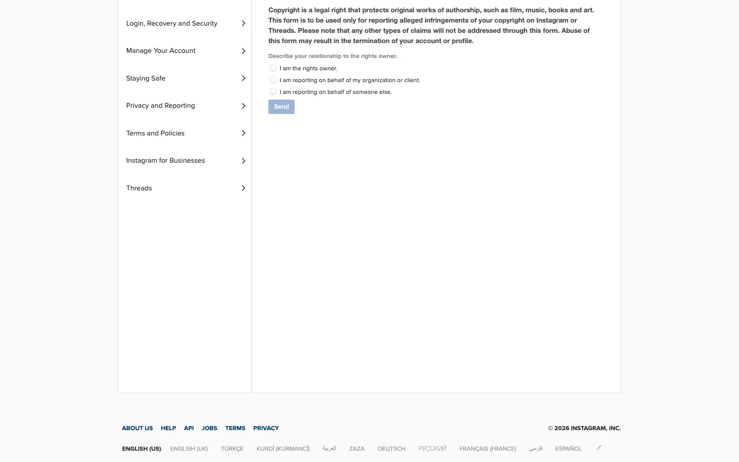 The Copyright Report Form with the option I am the rights owner selected
