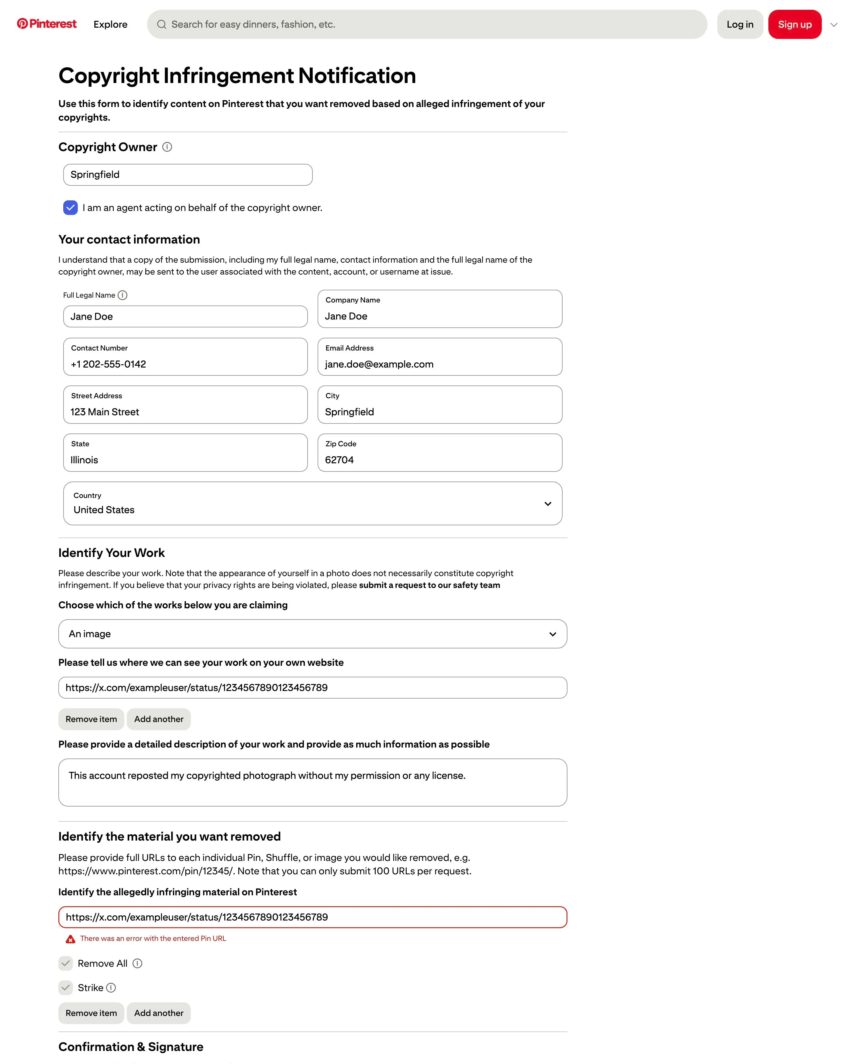The Pinterest form's contact information section filled in, with full legal name, company, contact number, email, and address fields
