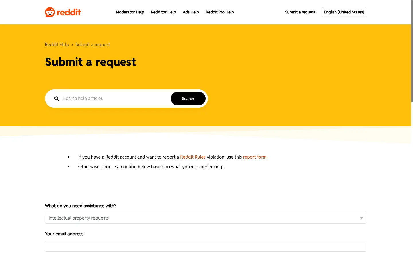 Reddit Help "Submit a request" copyright ticket form with the Intellectual property requests option and email field