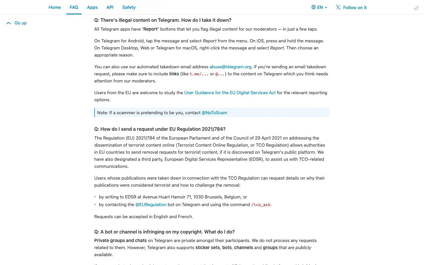 Telegram FAQ section on taking down illegal and copyright-infringing content, showing the abuse@telegram.org guidance and the copyright question