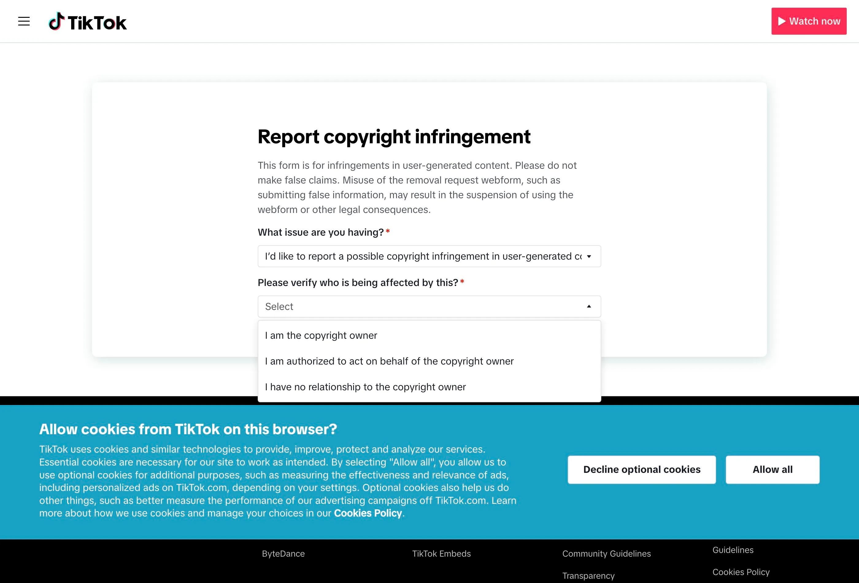The TikTok form's second dropdown, "Please verify who is being affected by this", showing the options including "I am the copyright owner"