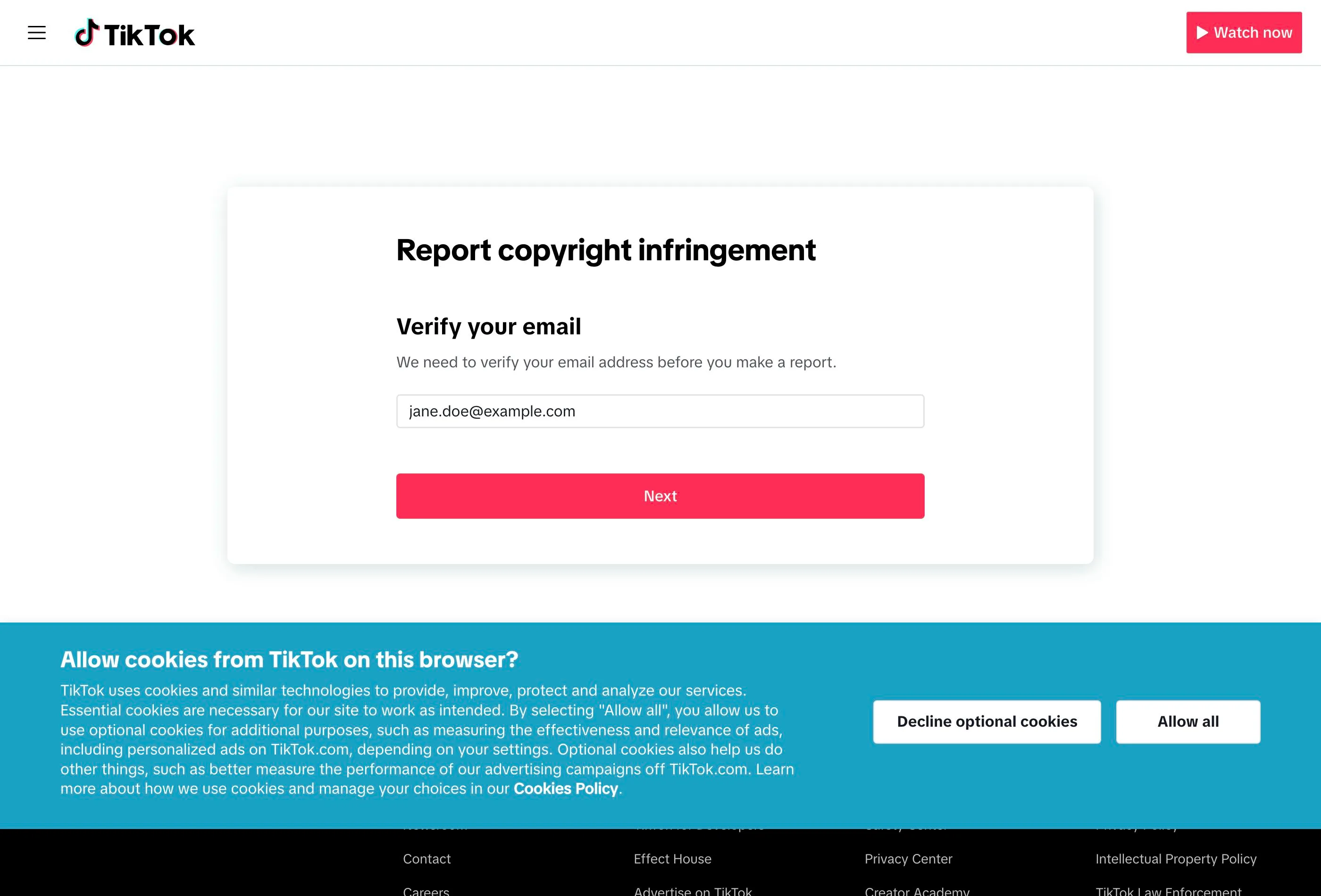 TikTok's "Verify your email" step, which appears before the full report form and requires confirming a code sent to your email