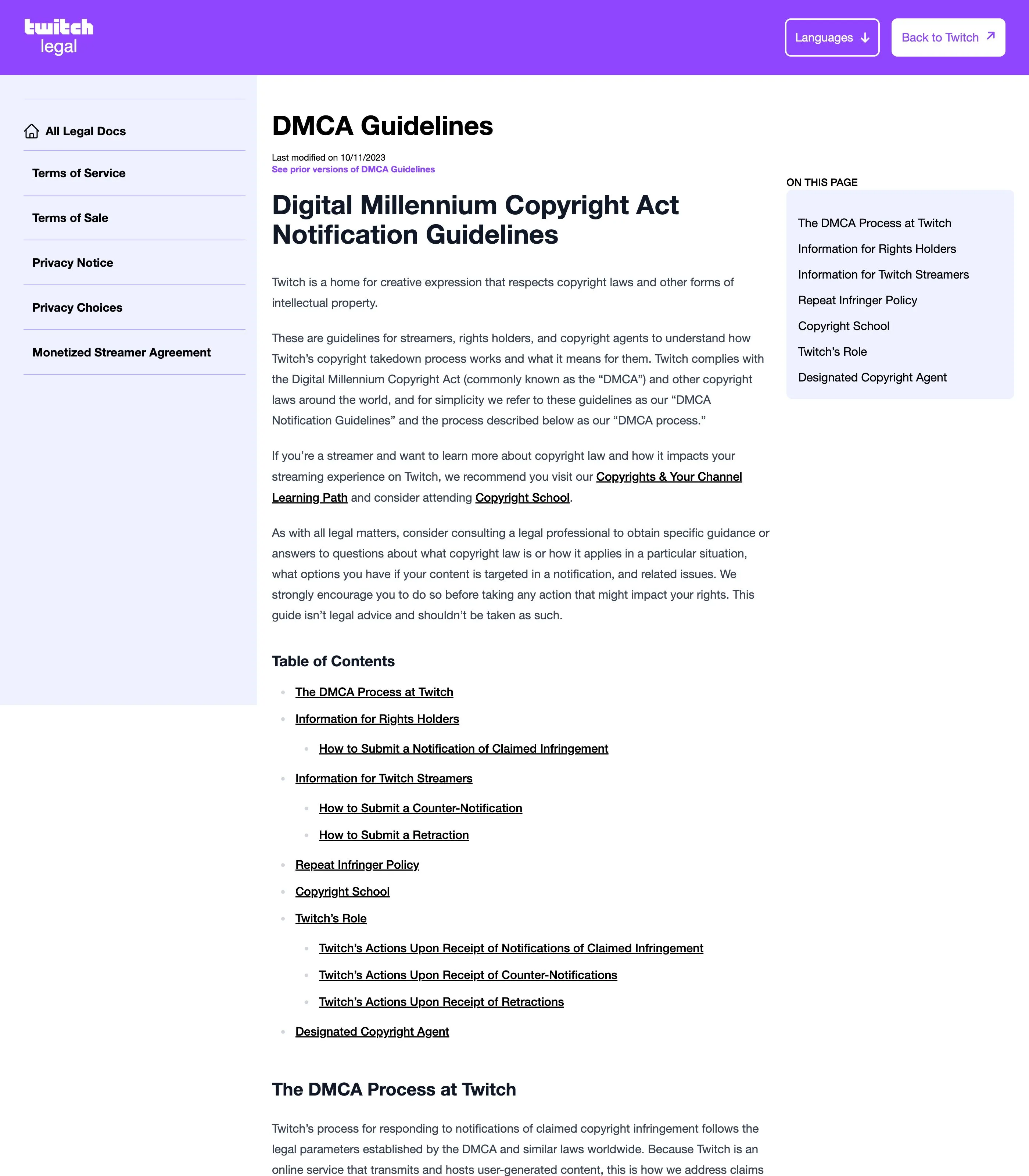 Twitch's DMCA Guidelines page, which explains the takedown process and how to submit a notification of claimed copyright infringement