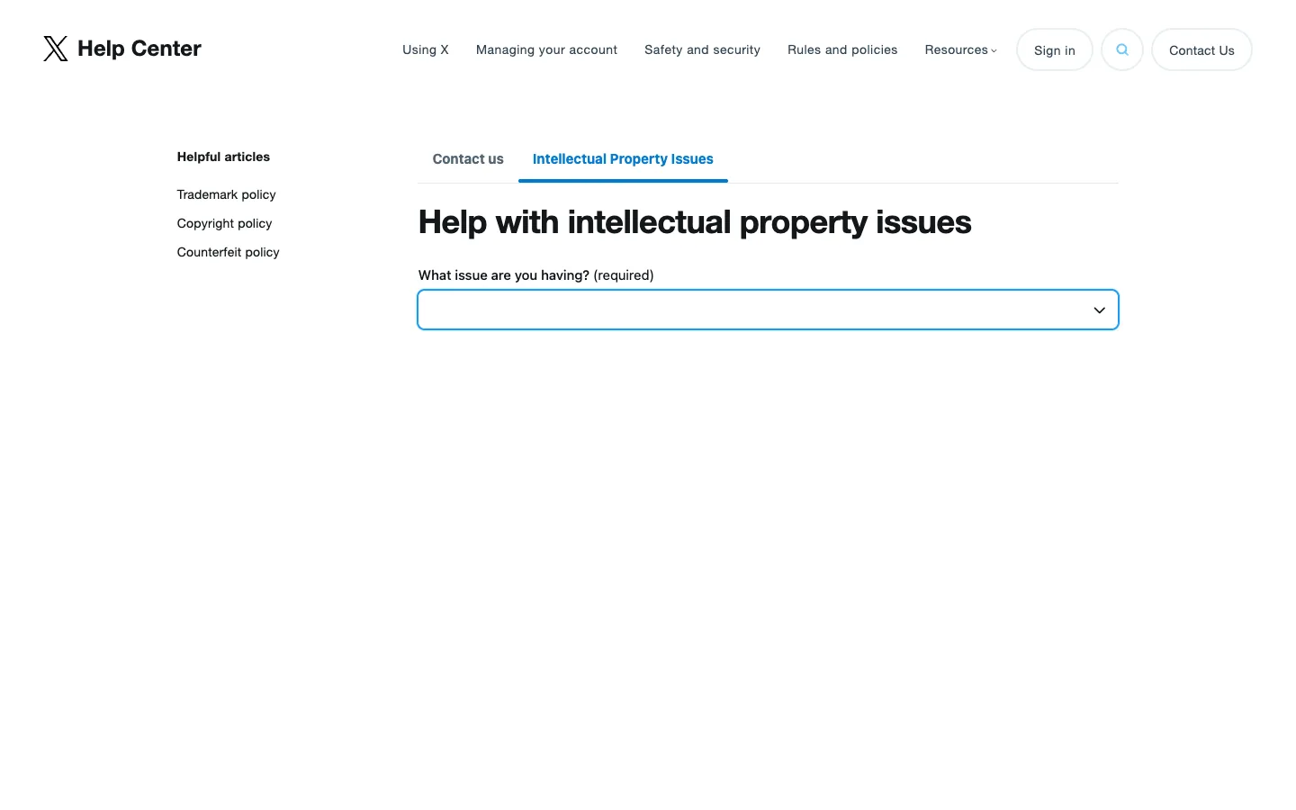 X Help Center Intellectual Property Issues form with the required "What issue are you having?" dropdown