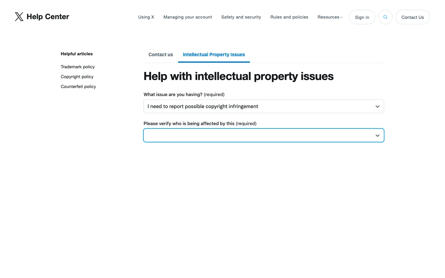 The expanded X copyright report form after selecting the copyright infringement issue