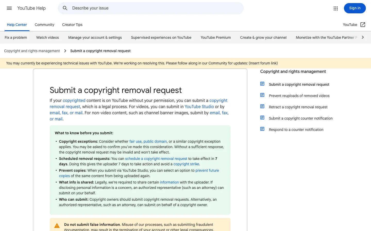 YouTube Help page "Submit a copyright removal request" with the what-to-know-before-you-submit checklist